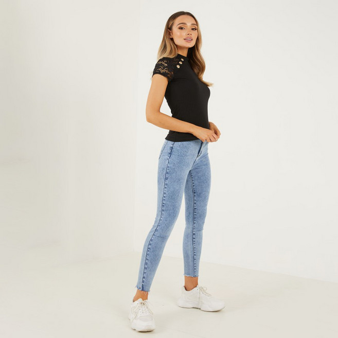 퀴즈 여성용 S 앤 B 리브드 레이스 CAP 슬리브 BUT 반팔티셔츠 00100030257