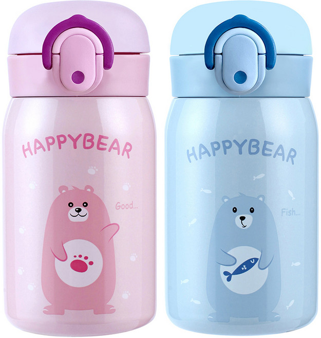 해피베어 원터치 보온보냉병 2종 세트, 핑크 + 스카이블루, 250ml, 1세트