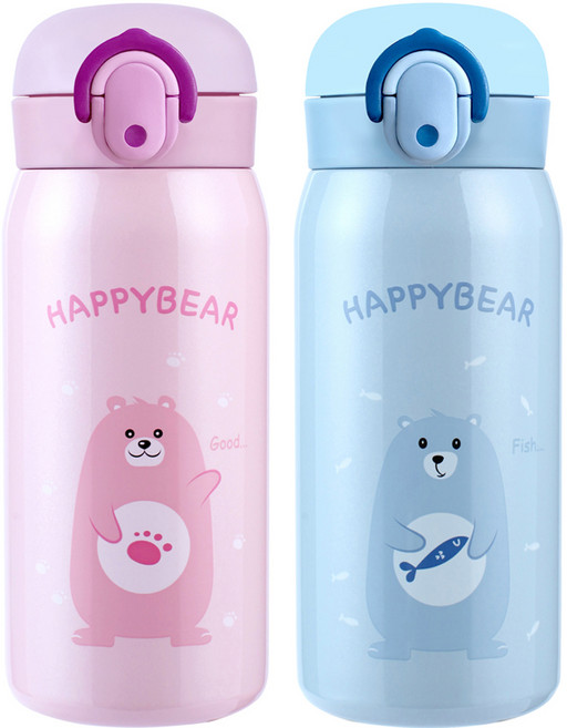해피베어 원터치 보온보냉병 350ml x 2종 세트, 핑크 + 스카이블루, 1세트