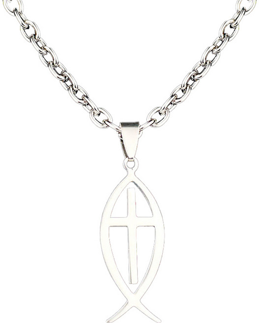 물고기 십자가 펜던트 목걸이 60cm, 실버, 1개