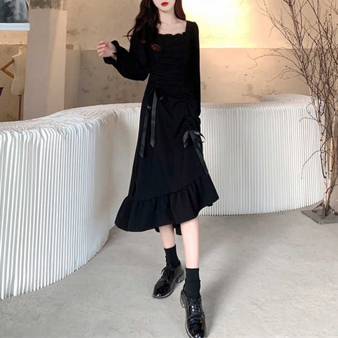 MeiChel 女款方領赫本修身褶皺長袖連身裙, 黑色