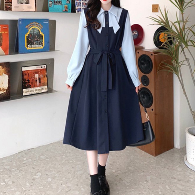 메이첼 리본카라 하객 룩 페이크 투피스 스타일 원피스 01389 빅사이즈 포함