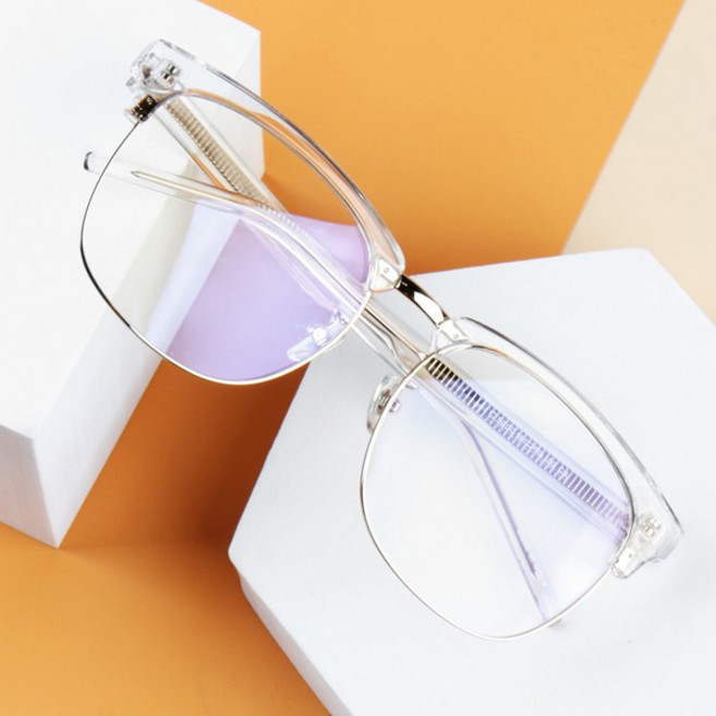 베이마 전자파 자외선 블루라이트차단 남자 여자 반뿔테 반테 패션 빅사이즈 메탈바 하금테 안경 투명골드 렌즈포함