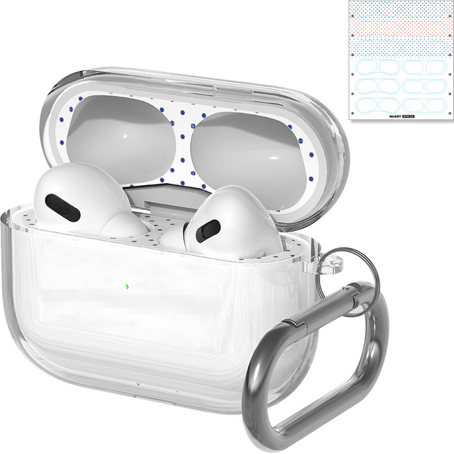 누아트 에어팟프로2 크리스탈 TPU 변색방지 투명 젤리케이스 + 디자인 철가루 방지스티커 6개입, 투명(케이스), 도트(스티커), 1개