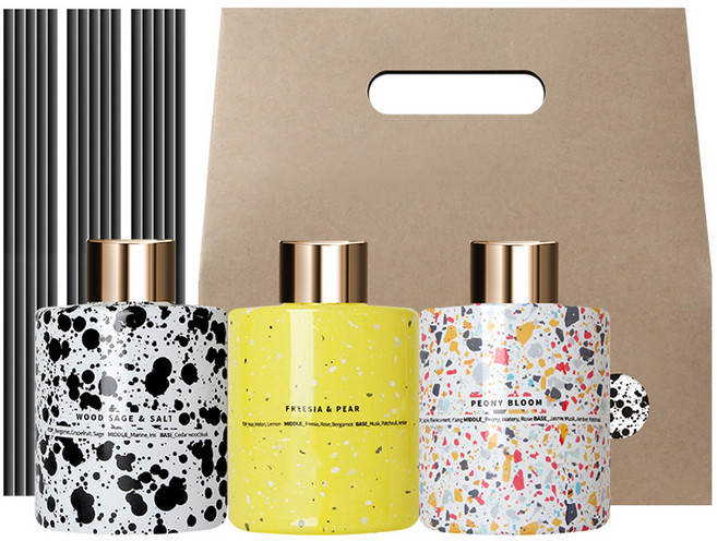 플렌느 마블 디퓨저선물세트 200ml 3개 + 섬유스틱 15개 + 기프트백, 우드세이지앤솔트 + 프리지아앤페어 + 피오니블룸, 1개