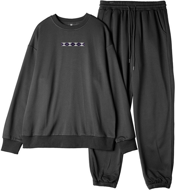 씨밀레 남성용 체크 프린팅 오버핏 맨투맨 + 조거 팬츠 세트