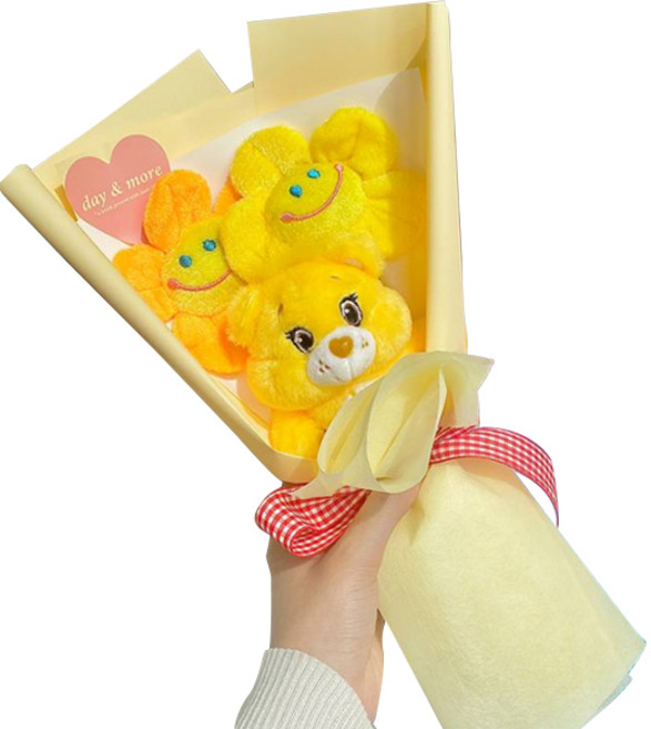 조화 미니 케어베어 인형 + 스마일꽃 2p + 꽃다발 포장, 노랑인형, 1개
