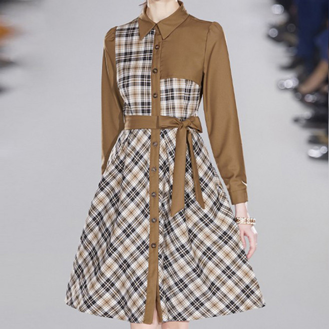 페이퍼먼츠 셔츠카라 체크 배색 리본 끈 플레어 미니 원피스 03124