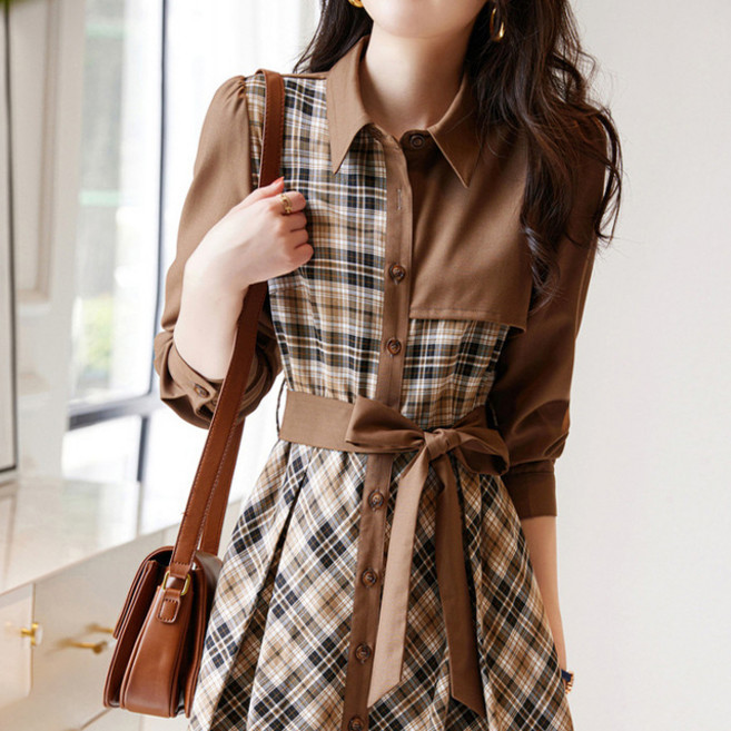 Paperments 翻領中央鈕扣附腰帶中長格紋連身裙 02698, 深棕色
