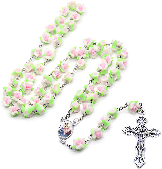 JNJ 로즈 크로스 마리아 천주교 성물 묵주, 화이트, 1개