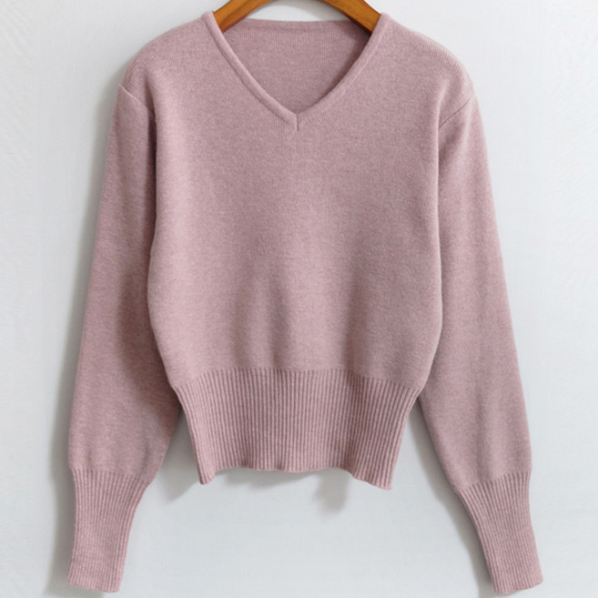 여성용 럽스 레시 브이넥 심플 베이직 니트