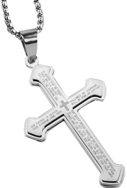 JNJ 主禱文印花鋼製十字架項鍊墜飾 + 珍珠鍊 3mm x 60cm 套組, 1套, 鋼色(墜飾), 鋼色(鍊子)