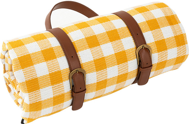 가죽 스트랩 캠핑 매트 체크 무늬 돗자리, 체크옐로우