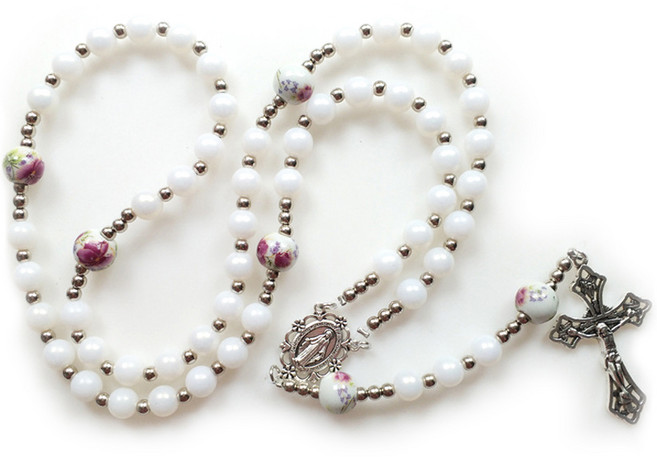 JNJ 세라믹 장미구슬 5단 묵주 천주교성물, 화이트, 1개
