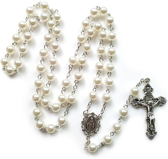 진주 구슬 천주교 십자가 묵주, 화이트, 1개