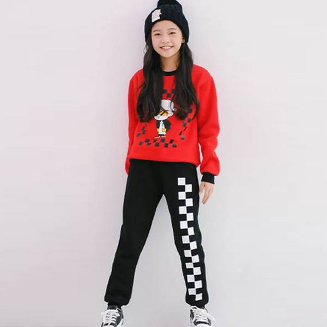 잭키드 여아용 힙합 체커보드 기모 바지 + 맨투맨 세트