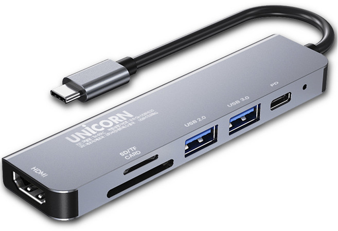유니콘 C타입 6in1 HDMI PD100W 충전 미러링 멀티허브, TH-601C, 그레이, 1개