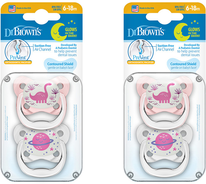 닥터브라운 New 프리밴트 야광 노리개 젖꼭지 2p, 2단계(6~18개월), 핑크, 2세트