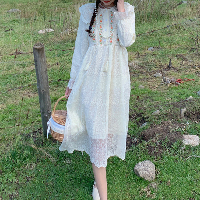 메이첼 라운드 카라넥 플라워 자수 레이스 미디 롱 원피스 01688 빅사이즈 포함