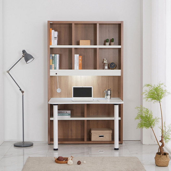동서가구 LED 1200 정면 책상 + 책장 세트 방문설치, 브라운