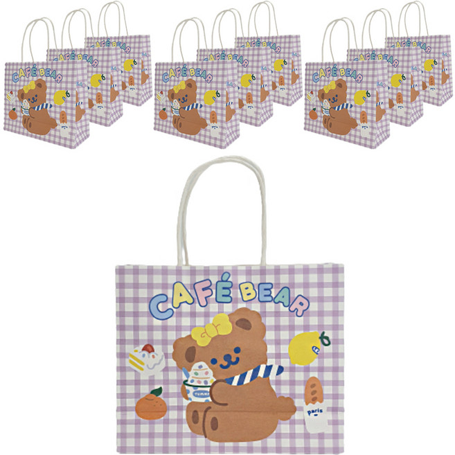 아이작큐브 선물포장 곰돌이체크 종이가방, 퍼플, 10개