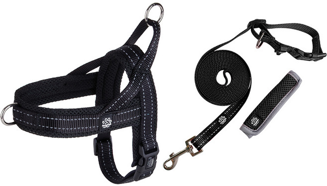 멍템 반려동물 앞섬방지 하네스 + 핸즈프리 리드줄 3m 세트, 블랙, 1세트
