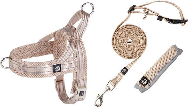 멍템 반려동물 앞섬방지 하네스 + 핸즈프리 리드줄 3m 세트, 베이지, 1세트