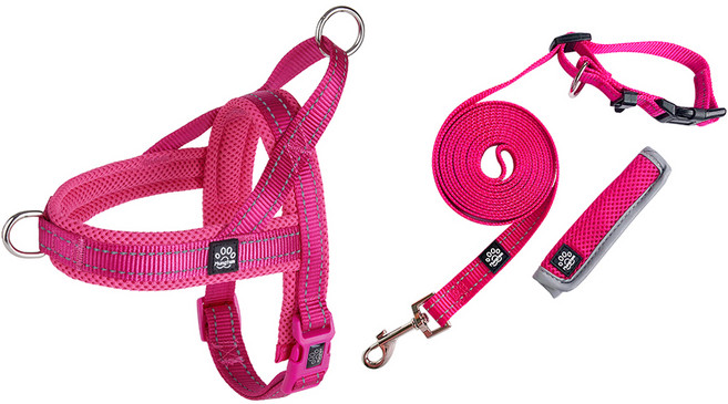 멍템 반려동물 앞섬방지 하네스 + 핸즈프리 리드줄 3m 세트, 핑크, 1세트
