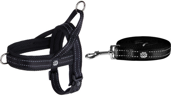 멍템 강아지 앞섬방지 하네스 + 메쉬 리드줄 세트, 블랙, 1개