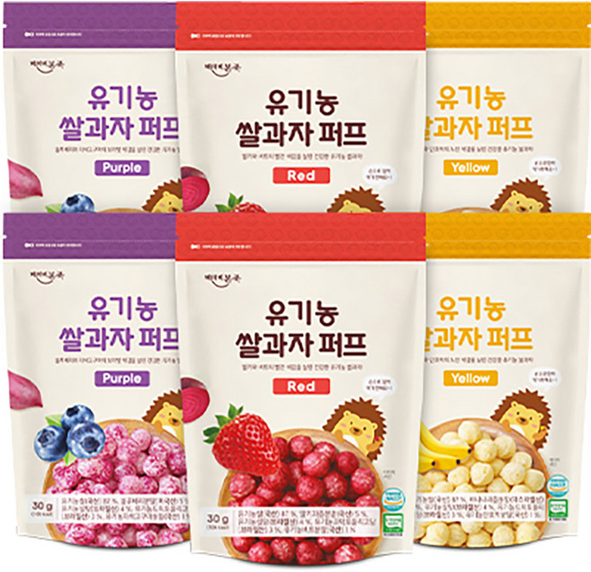 베이비본죽 유기농 쌀과자 퍼프 3종 x 2p 세트, 레드, 옐로우, 퍼플, 30g, 1세트