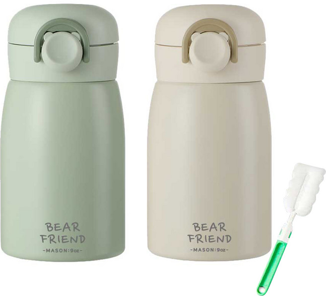 푸코 베어프렌드 원터치 보온병 2p + 세척솔 세트, 그린 + 베이지, 350ml, 1세트