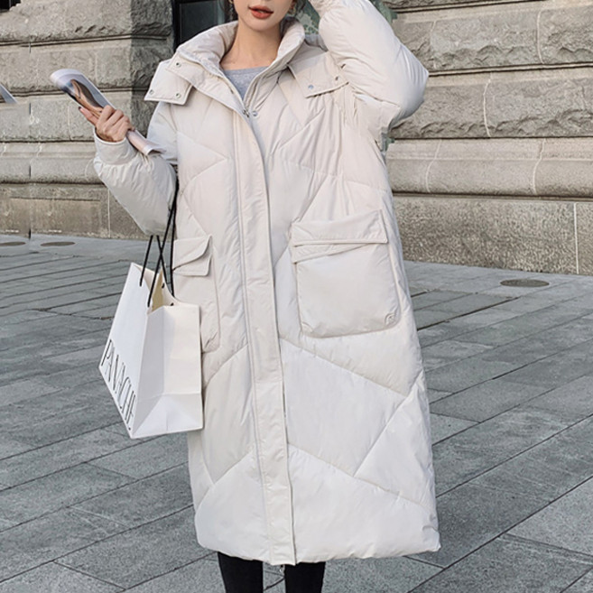 Paperments 女款大尺碼冬季連帽領寬鬆長版大衣 03296