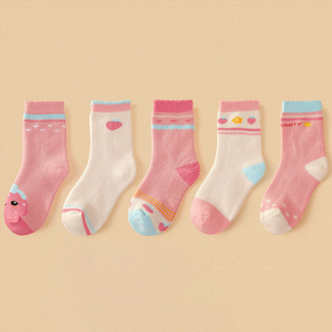 뿜뿜삭스 여아용 핑크 딸기 기모 양말 5켤레 세트 H14