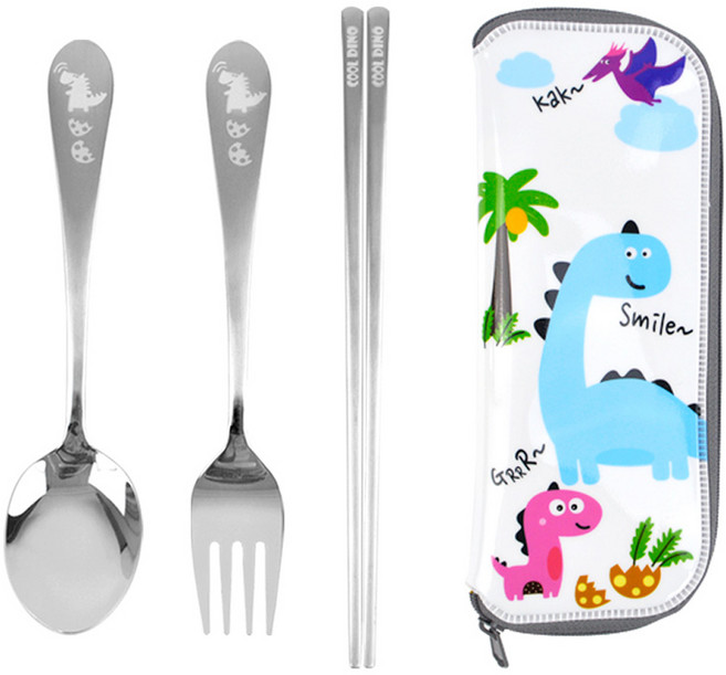 쿨디노 아동용 스텐 수저포크 세트, 스푼 + 포크 + 젓가락 + 케이스, 화이트(케이스), 1개