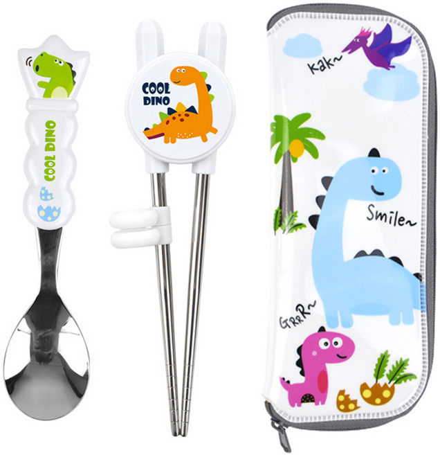 국산 쿨디노 아동용 수저 세트, 혼합색상, 교정용젓가락 + 스푼 + 케이스, 1세트