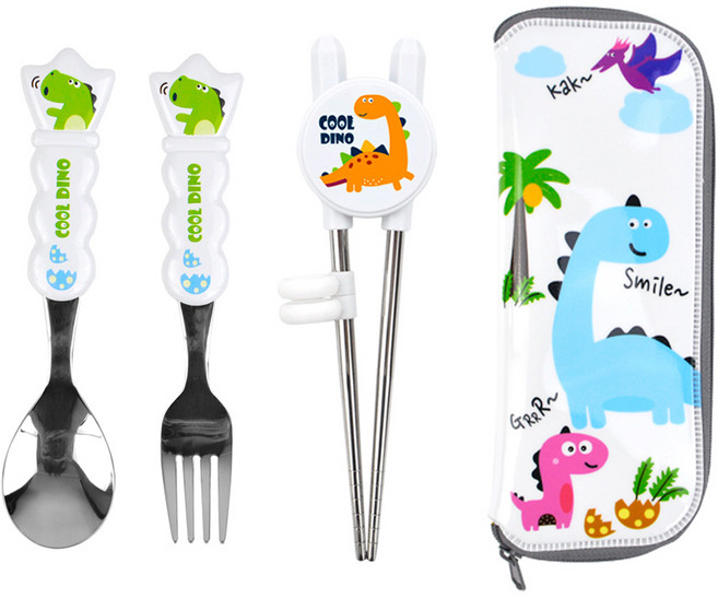 쿨디노 아동용 젓가락 수저포크 세트, 화이트(케이스), 스푼 + 포크 + 교정용젓가락 + 케이스, 1세트