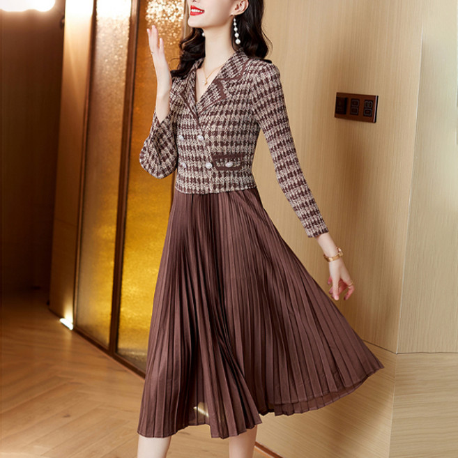 아뗄릭 고풍 중년 체크 플리츠 롱 정장 원피스 01579 빅사이즈 포함