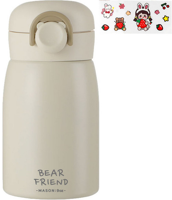 푸코 베어 프렌드 원터치 보온병 + 스티커 랜덤발송 세트, 베이지, 350ml, 1개