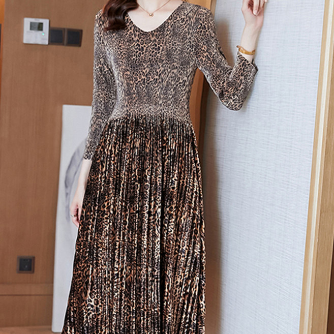 아뗄릭 골드 레오파드 벨벳 주름 미디 원피스 01581 빅사이즈 포함