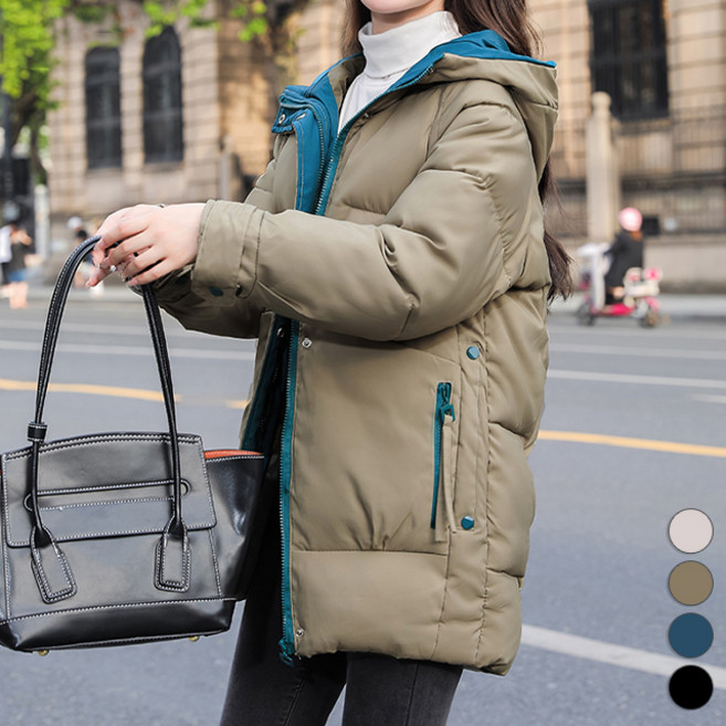 MEICHEL 女款經典配色連帽中長版保暖外套 01832