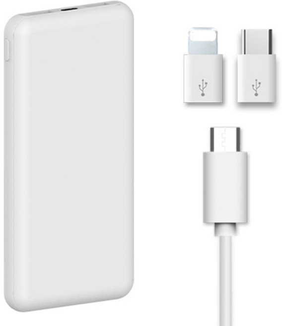 hamada 슬림 2포트 보조배터리 10000mAh + 5핀 케이블 + C타입 젠더 + 8핀 젠더 세트, 화이트, PR-PE10000-1