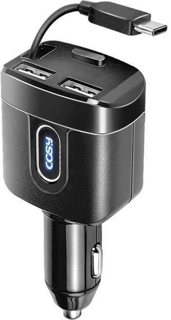 코시 차량용 C타입 원터치 자동감김 USB 2포트 고속 충전기 90cm, CGR4079AT, 블랙