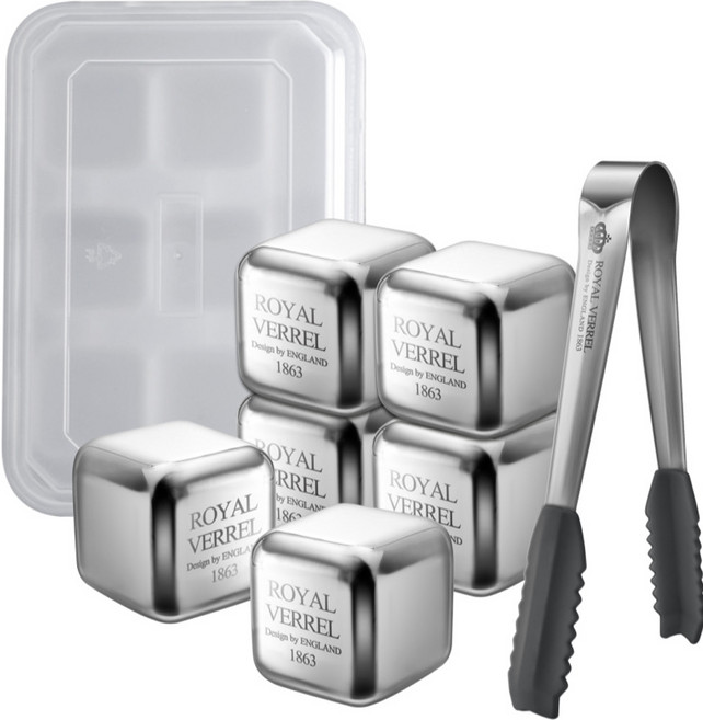ROYAL VERREL 不鏽鋼冰塊 6入 + 專用夾 + 專用盒套組, 1套