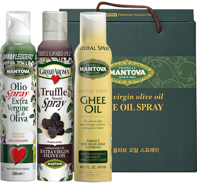 만토바 올리브 오일 스프레이 250ml + 트러플 오일 스프레이 250ml + 기오일 스프레이 147ml 선물세트, 1세트