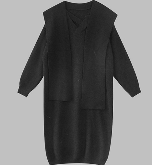 페이퍼먼츠 캐주얼 니트 브이넥 골지 롱 원피스 + 스카프 세트 03468