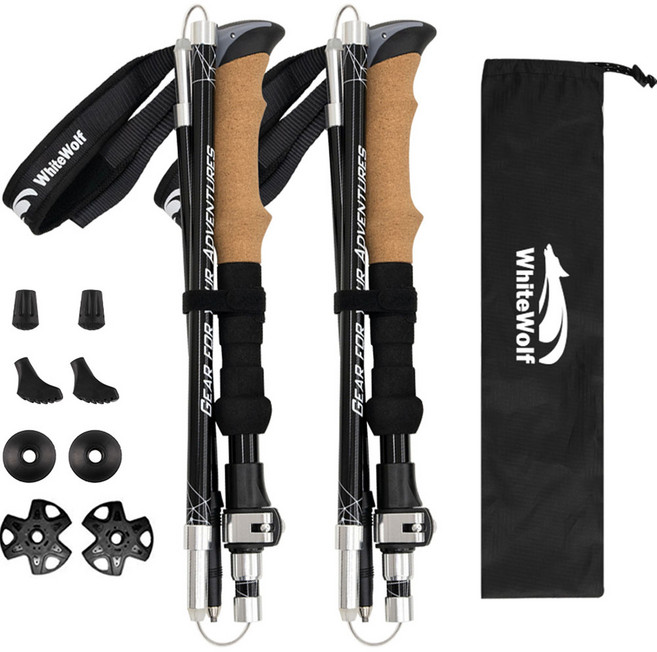 화이트울프 초경량 등산스틱 5단 접이식 듀랄루민 7075 트레킹 지팡이 세트, 블랙, 1세트