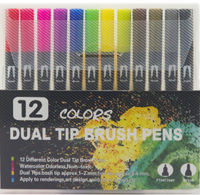 오션마리나 소프트 더블 수성 마카펜 블랙, 12색, 1세트