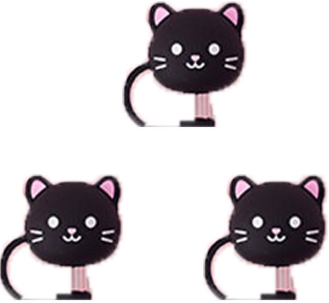 오달라 모아컵 디자인 실리콘 캐릭터 빨대 뚜껑 마개 캡 스토퍼, 블랙고양이, 3개