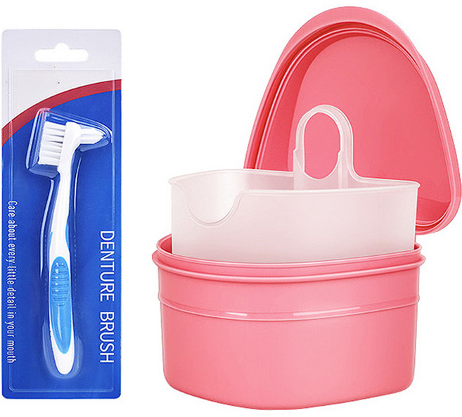 정월나나 원터치 틀니 보관 케이스 + 칫솔, 핑크