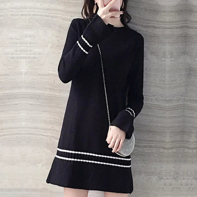 Paperments 圓領雙線喇叭針織迷你連身裙 03539, 黑色